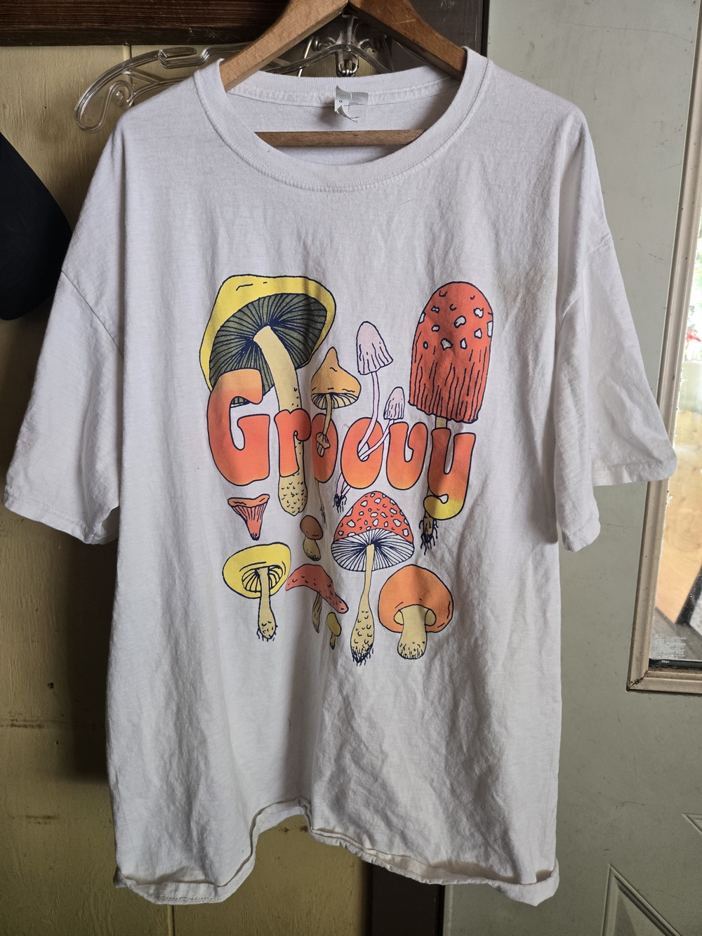 Groovy White Kids T-Shirt with Colorful Mushroom Print